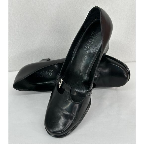 Franco Sarto Black Leather Mary Jane T Strap Round Toe Chunky Block Heels 7M - Picture 1 of 10